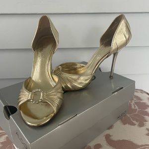 Also, Size 37, Mogalecity Gold Peep Toe Heels